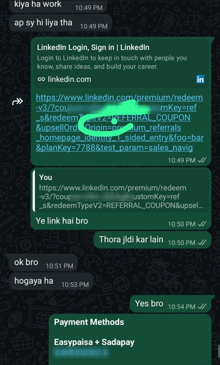 WhatsApp conversation with a returning customer confirming a completed LinkedIn activation through a redemption link, coupon code and payment number masked