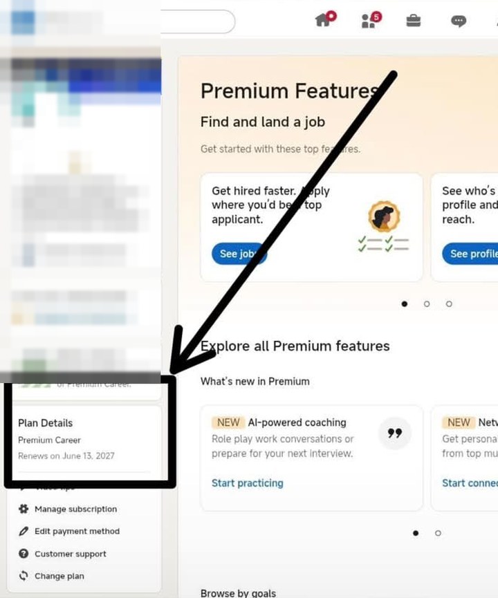 LinkedIn Premium subscription page with the plan details panel showing Premium Career renewing on 13 June 2027