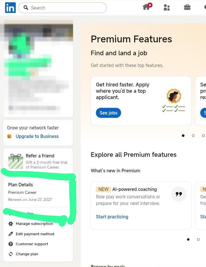 LinkedIn Premium subscription page with the plan details panel showing Premium Career renewing on 27 June 2027