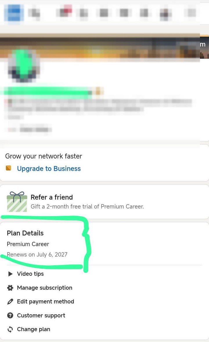 LinkedIn Premium subscription page with the plan details panel showing Premium Career renewing on 6 July 2027