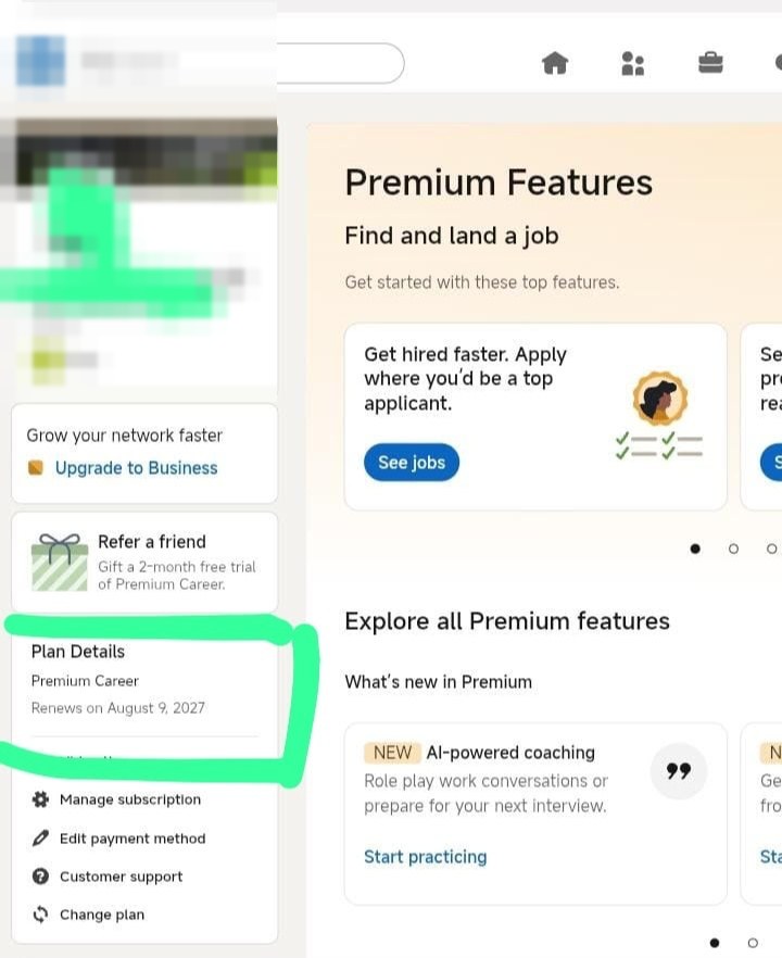 LinkedIn Premium subscription page with the plan details panel showing Premium Career renewing on 9 August 2027