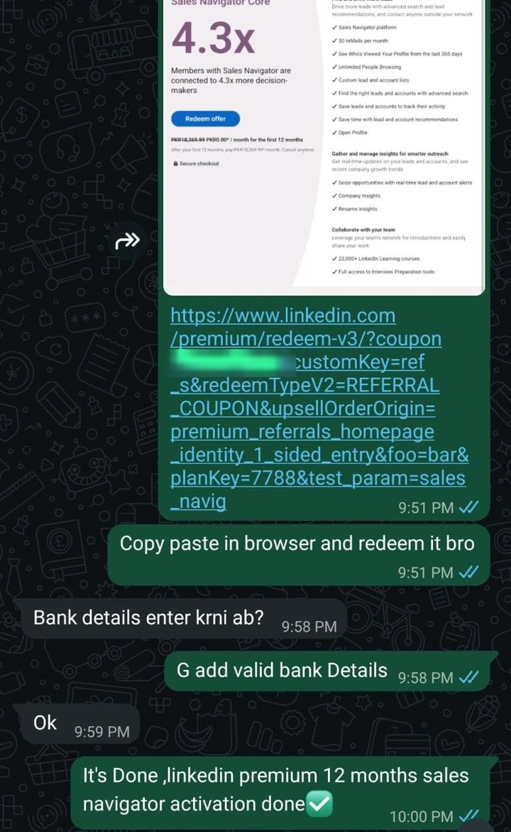 WhatsApp conversation ending with confirmation that a 12-month Sales Navigator activation is complete, coupon code masked